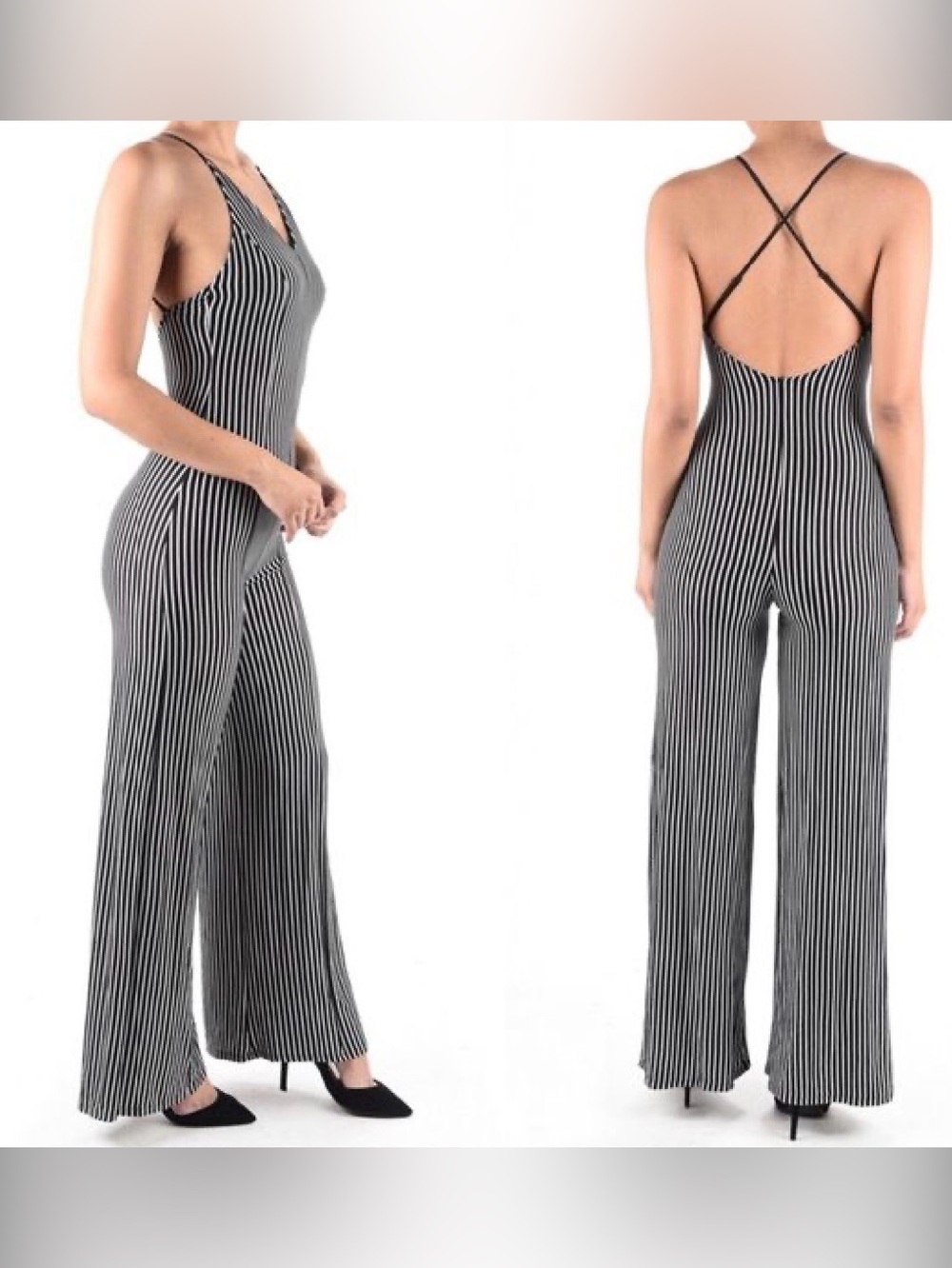 Nichole Lynel Striped Black & White Wide-Leg Jumpsuit